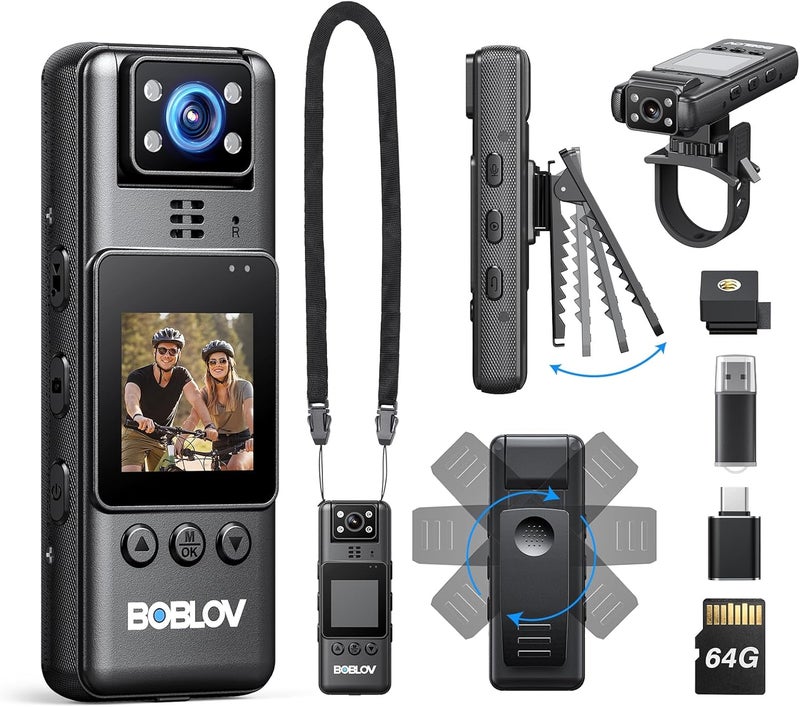 BOBLOV Body Camera with Video and Audio Recording 64G A23 Compact Bodycam up to 9 Hours Long Battery Life -360°Clips and Night Vision for Bike, Hiking, Walking Easy-to-Use - Image 1